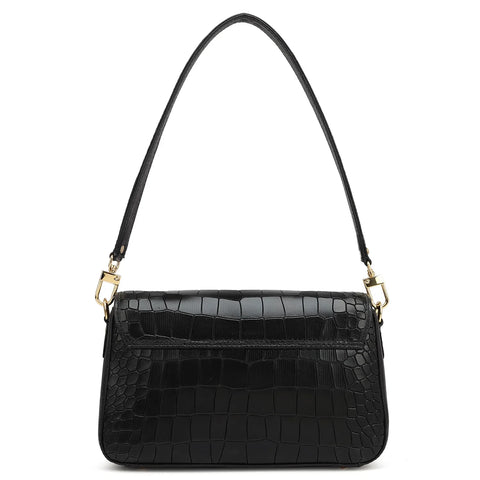 Small Croco Leather Baguette - Black