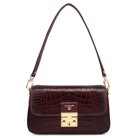 Small Croco Leather Baguette - Wine