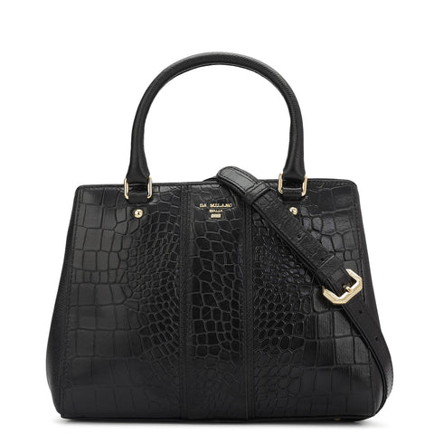 Da Milano Women's Leather Satchel Bag - Small Croco - Black