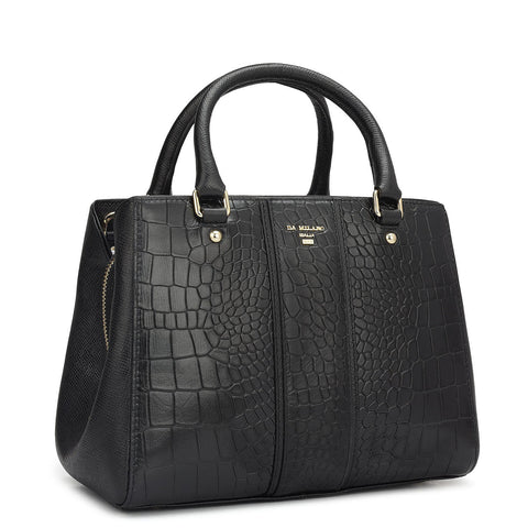 Da Milano Women's Leather Satchel Bag - Small Croco - Black