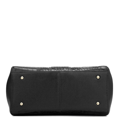 Da Milano Women's Leather Satchel Bag - Small Croco - Black