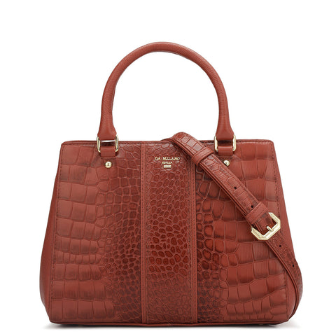 Da Milano Women's Leather Satchel Bag - Small Croco - Brick