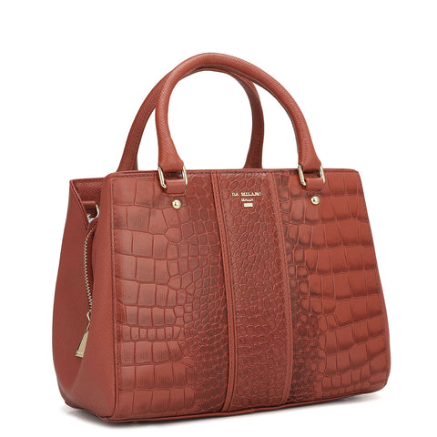 Da Milano Women's Leather Satchel Bag - Small Croco - Brick