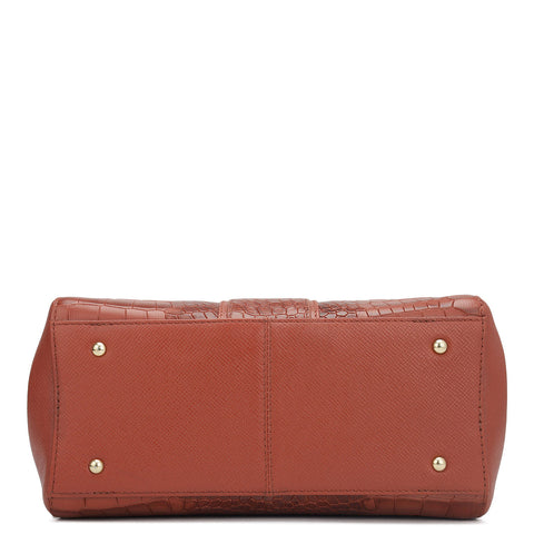 Da Milano Women's Leather Satchel Bag - Small Croco - Brick