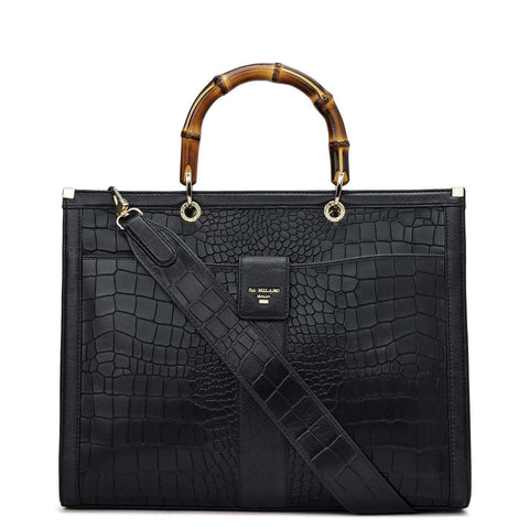 Medium Croco Leather Book Tote - Black