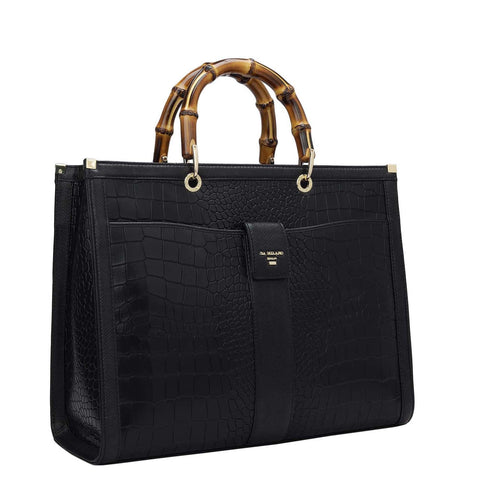 Medium Croco Leather Book Tote - Black