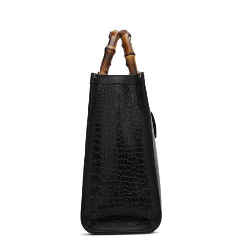 Medium Croco Leather Book Tote - Black