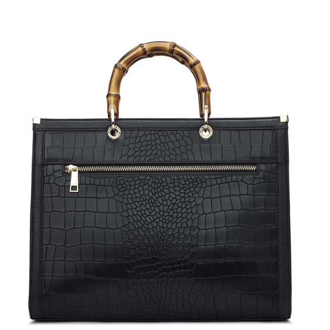 Medium Croco Leather Book Tote - Black