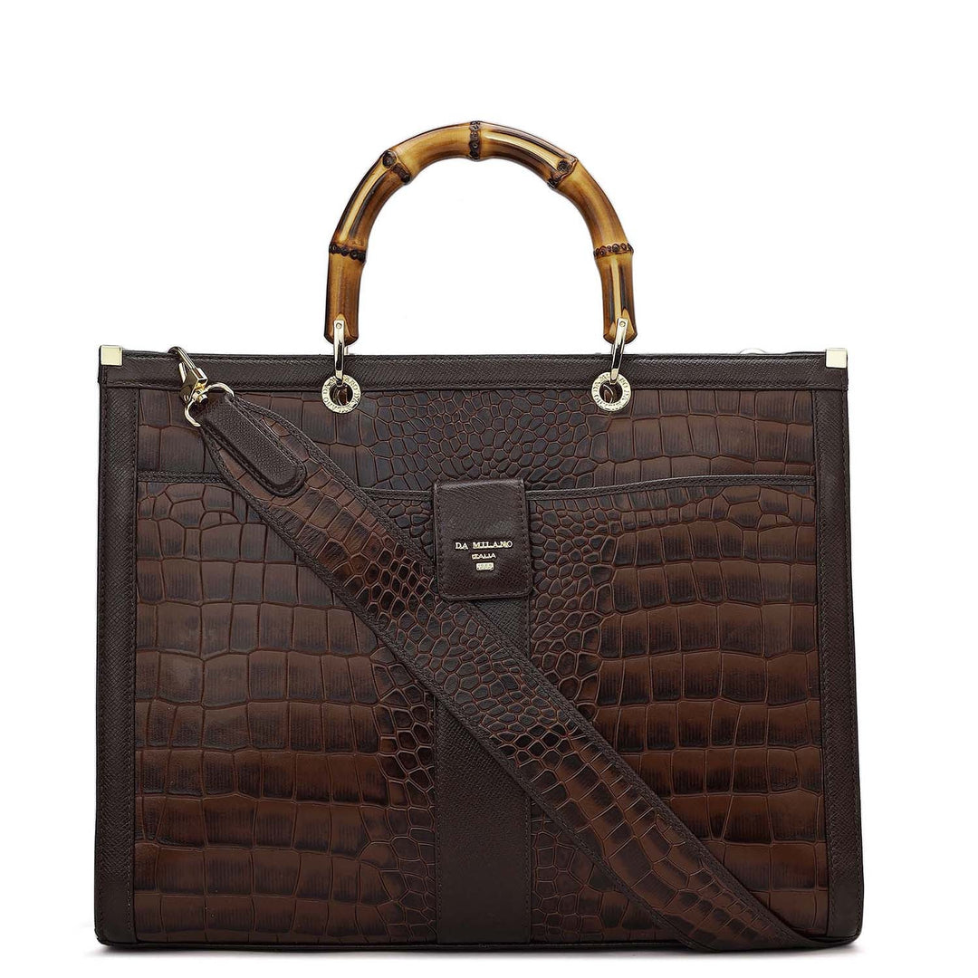 Medium Croco Leather Book Tote - Brown