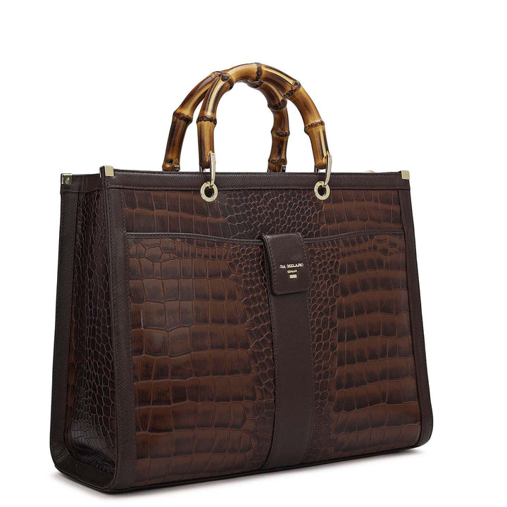 Medium Croco Leather Book Tote - Brown