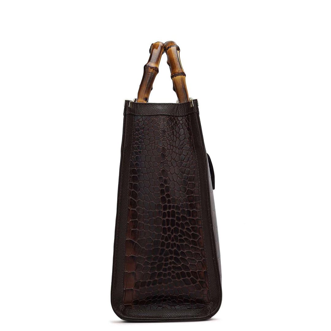 Medium Croco Leather Book Tote - Brown