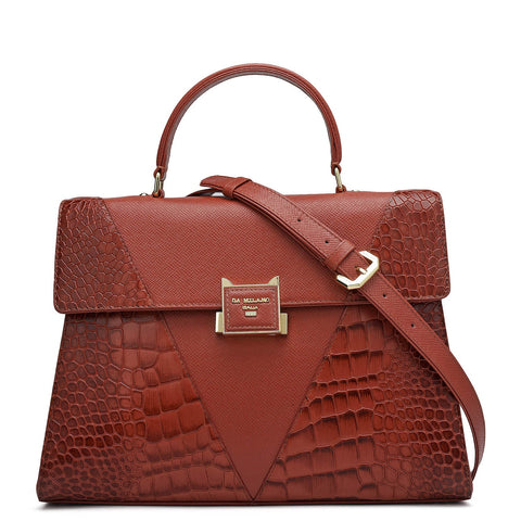 Medium Croco Franzy Leather Satchel - Brick