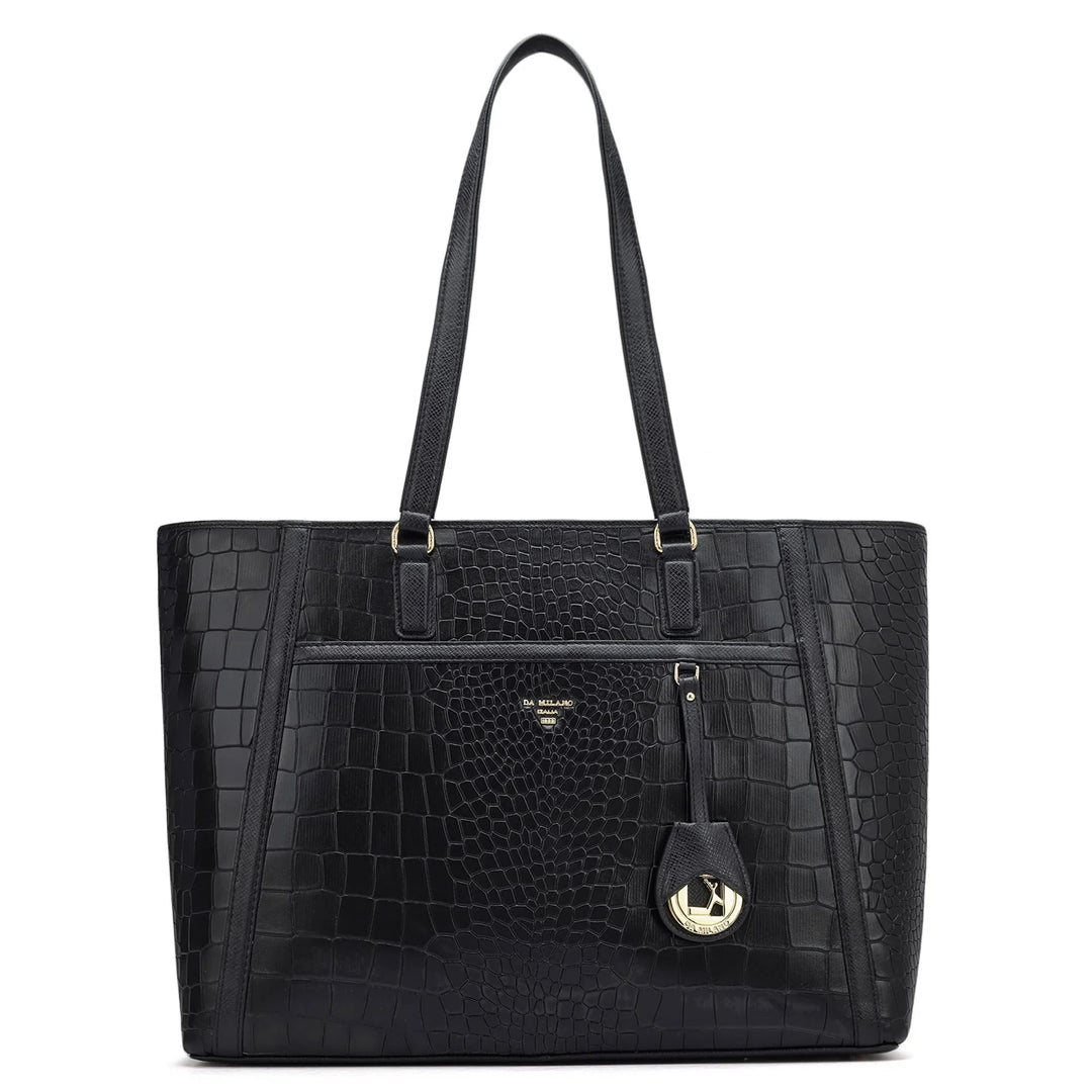 Large Croco Leather Tote - Black