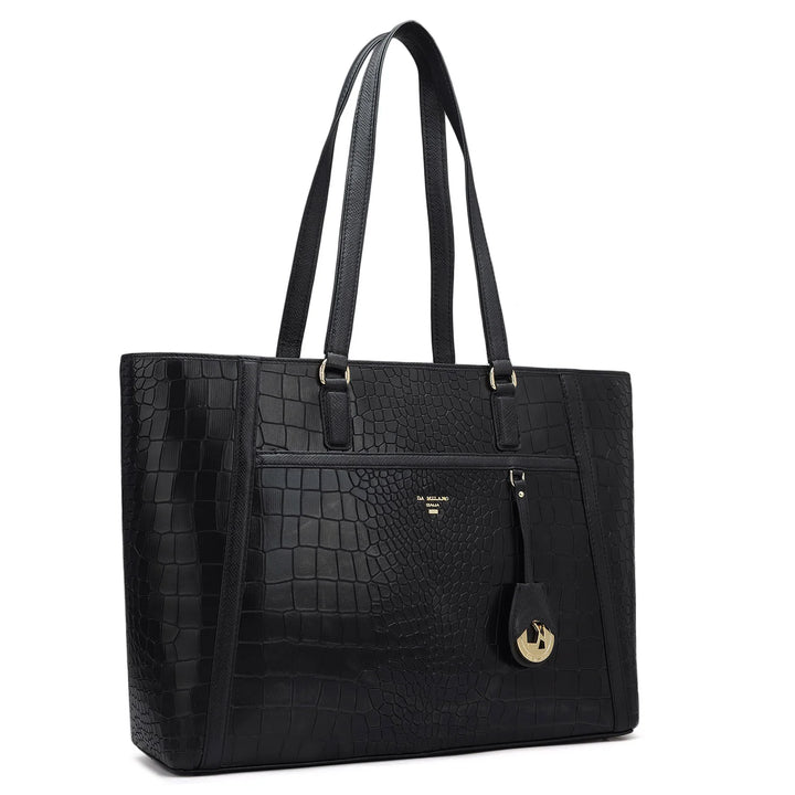 Large Croco Leather Tote - Black