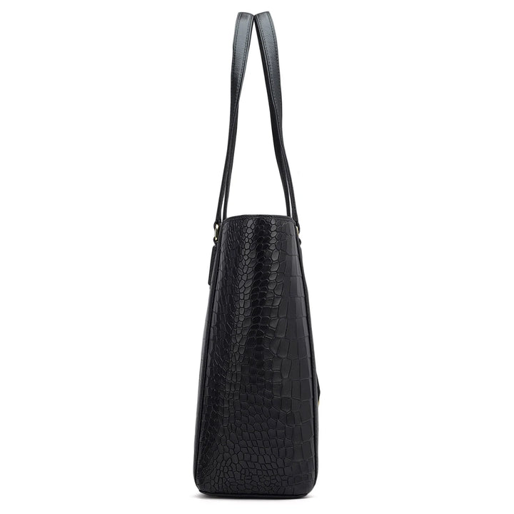 Large Croco Leather Tote - Black