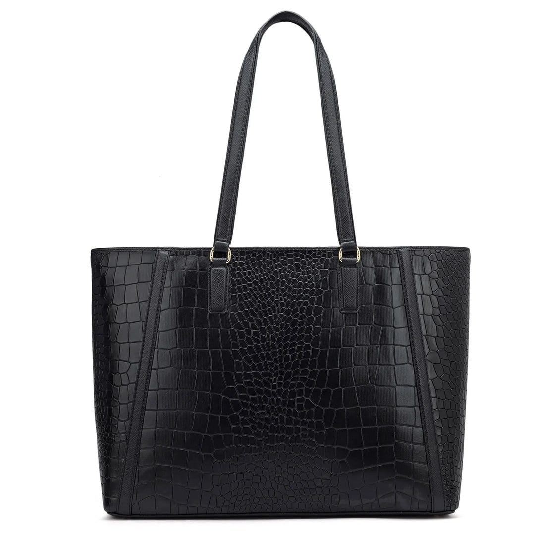 Large Croco Leather Tote - Black