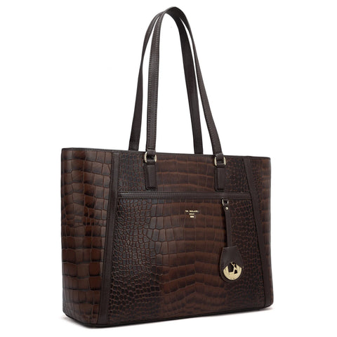 Large Croco Leather Tote - Brown