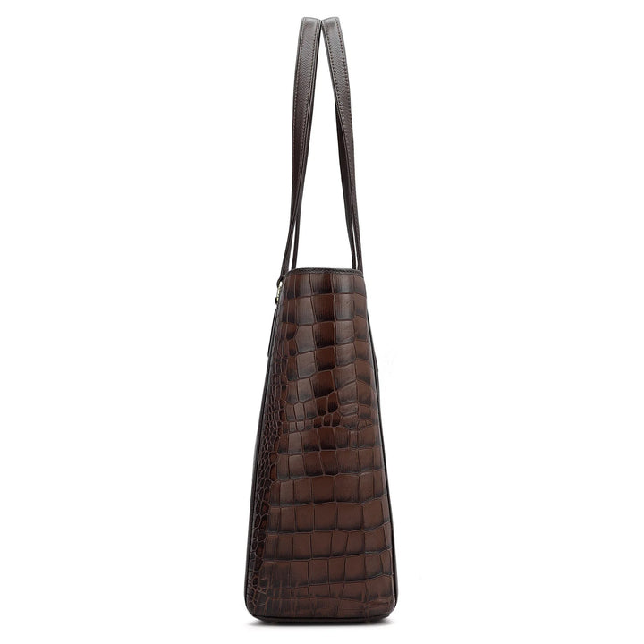 Large Croco Leather Tote - Brown