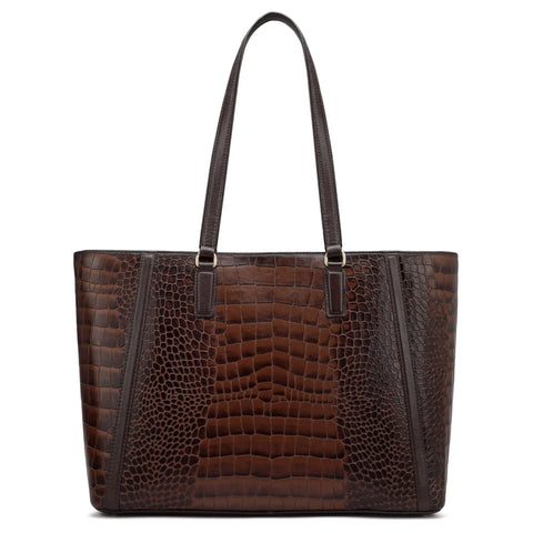 Large Croco Leather Tote - Brown