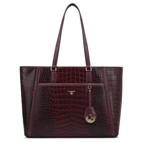 Large Croco Leather Tote - Wine