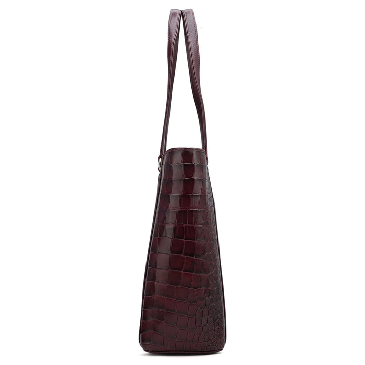 Large Croco Leather Tote - Wine