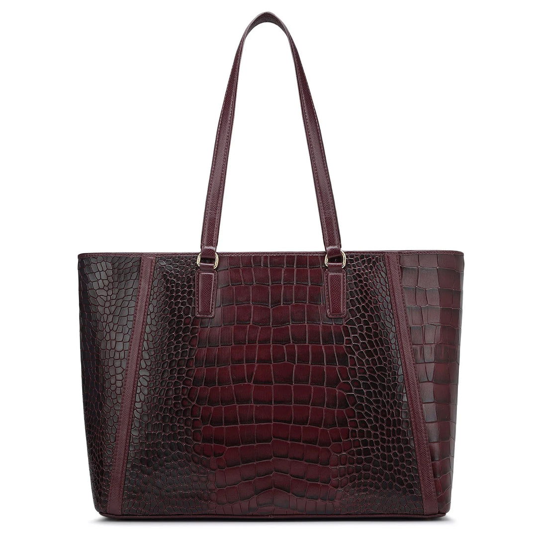 Large Croco Leather Tote - Wine