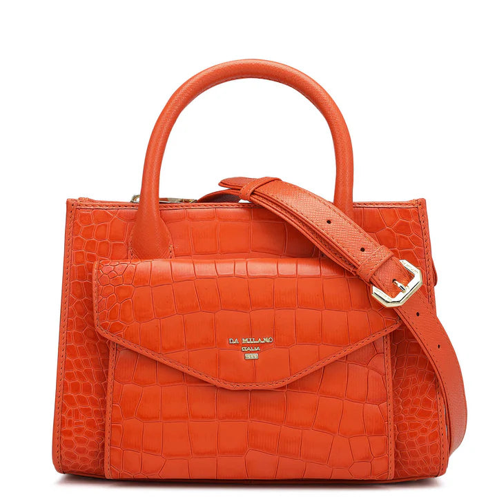 Small Croco Leather Satchel - Pumpkin