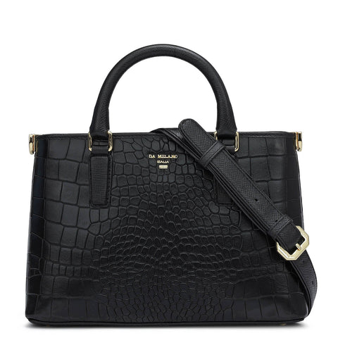 Small Croco Leather Satchel - Black