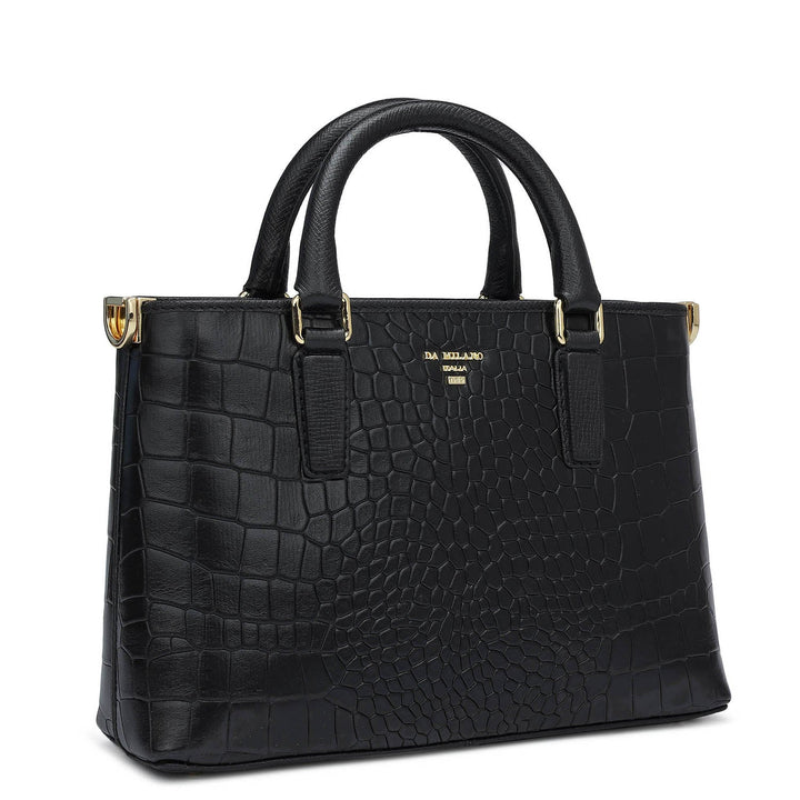 Small Croco Leather Satchel - Black