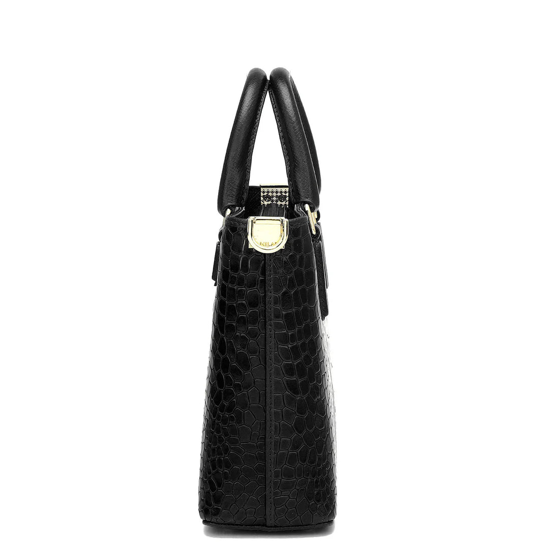 Small Croco Leather Satchel - Black