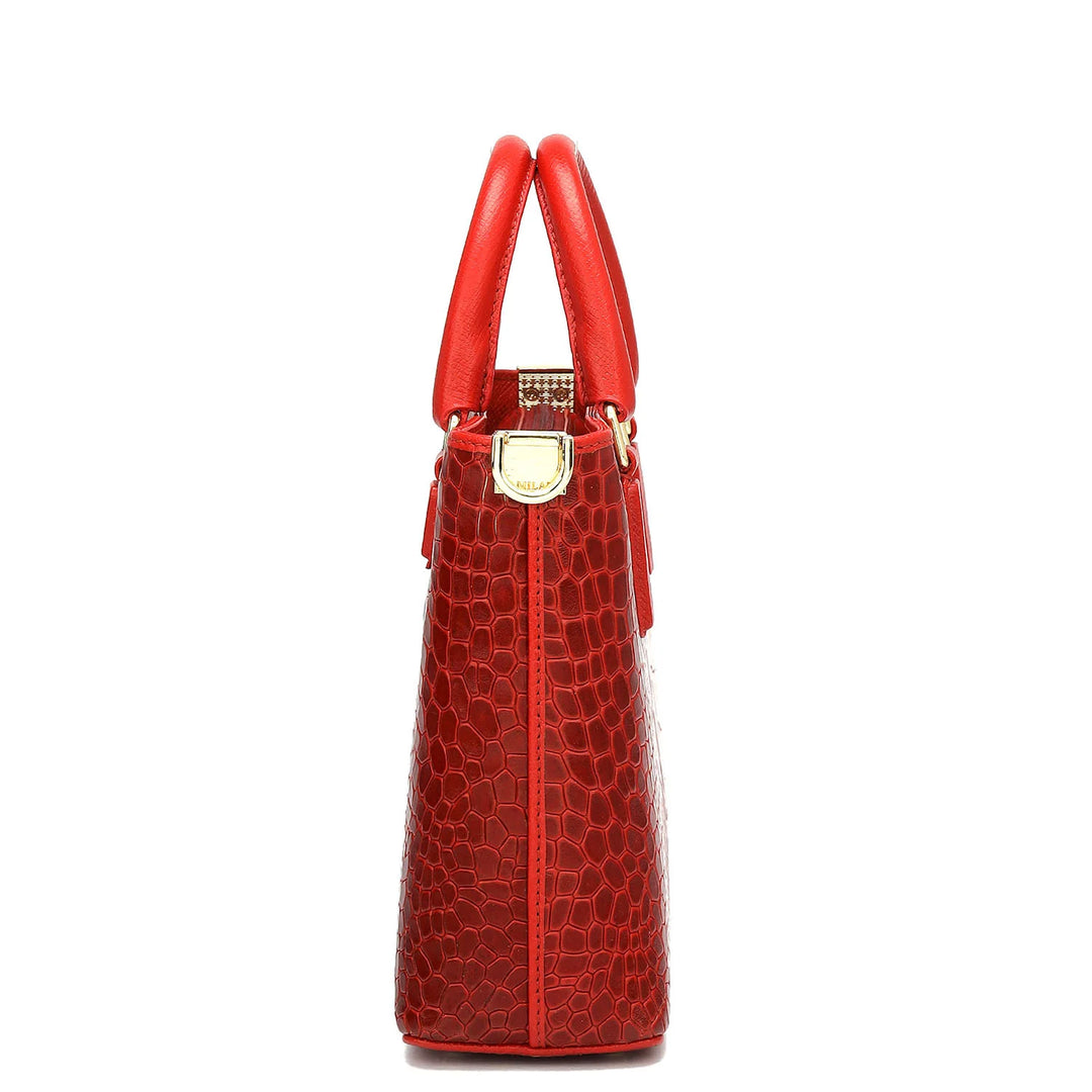 Small Croco Leather Satchel - Red