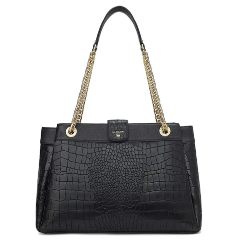 Medium Croco Leather Shoulder Bag - Black