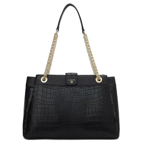 Medium Croco Leather Shoulder Bag - Black