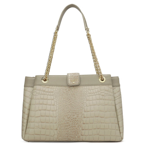 Medium Croco Leather Shoulder Bag - Frost