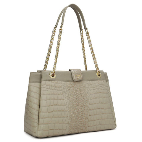 Medium Croco Leather Shoulder Bag - Frost