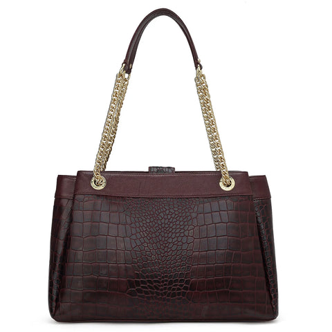 Medium Croco Leather Shoulder Bag - Wine