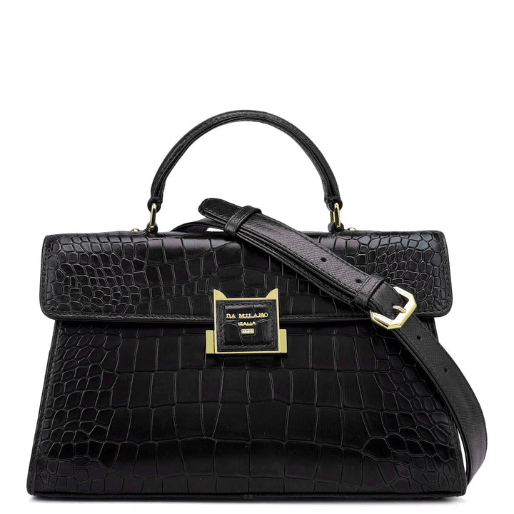 Small Croco Leather Satchel - Black