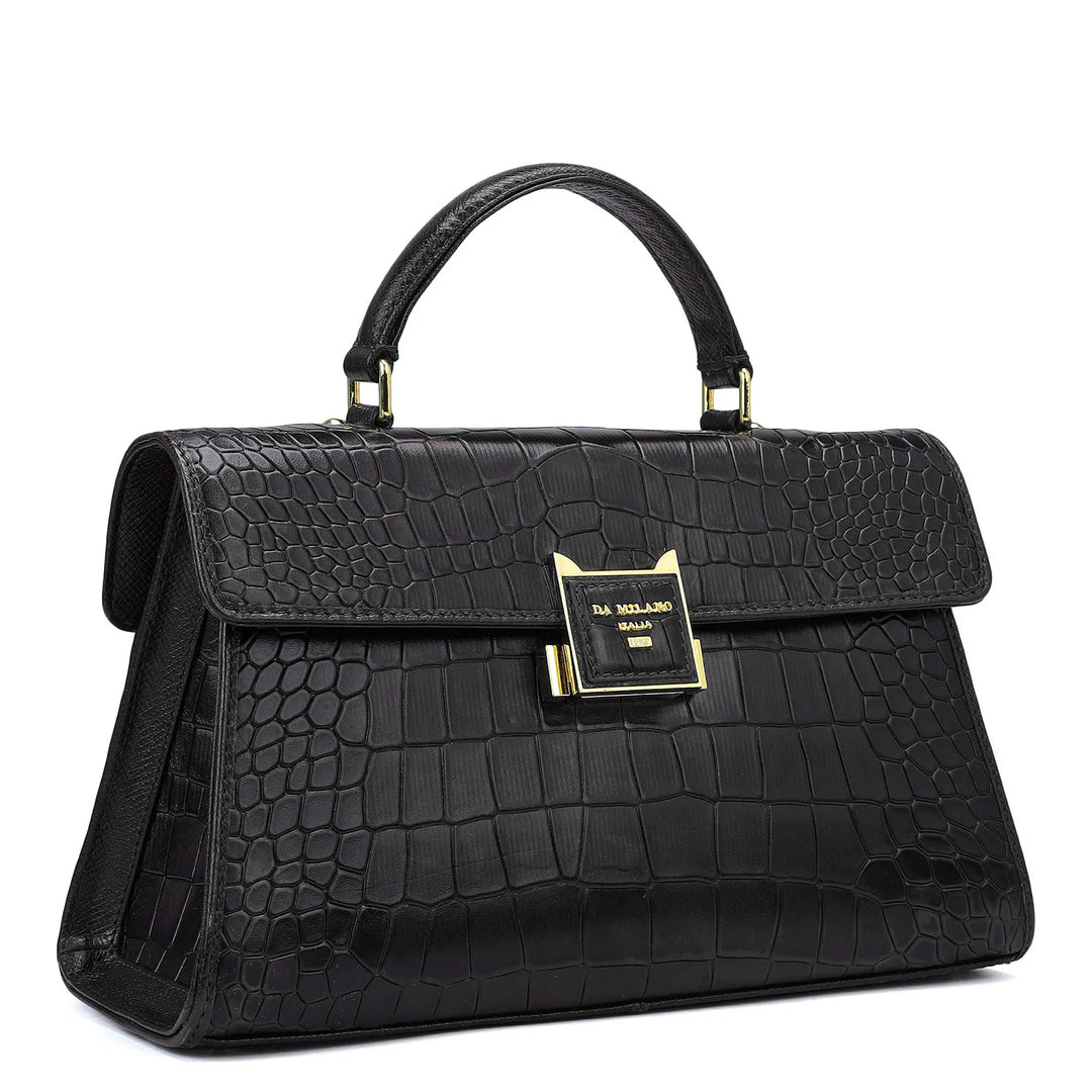 Small Croco Leather Satchel - Black