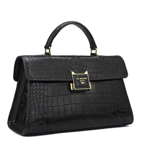 Small Croco Leather Satchel - Black