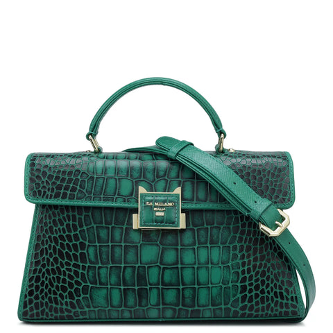 Small Croco Leather Satchel - Green