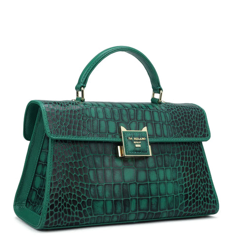 Small Croco Leather Satchel - Green