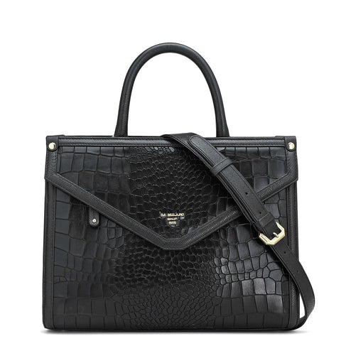 Medium Croco Leather Satchel - Black