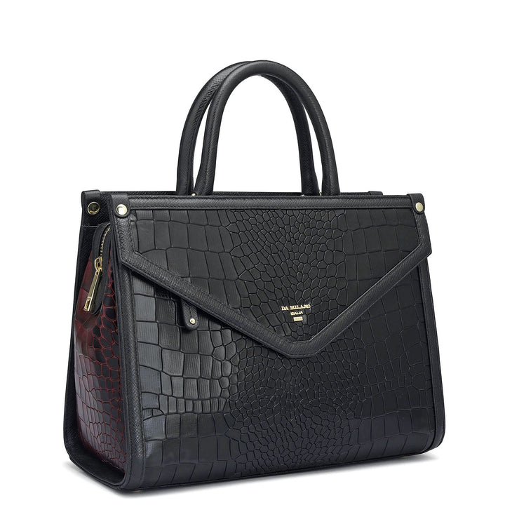 Medium Croco Leather Satchel - Black