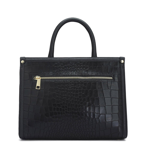 Medium Croco Leather Satchel - Black