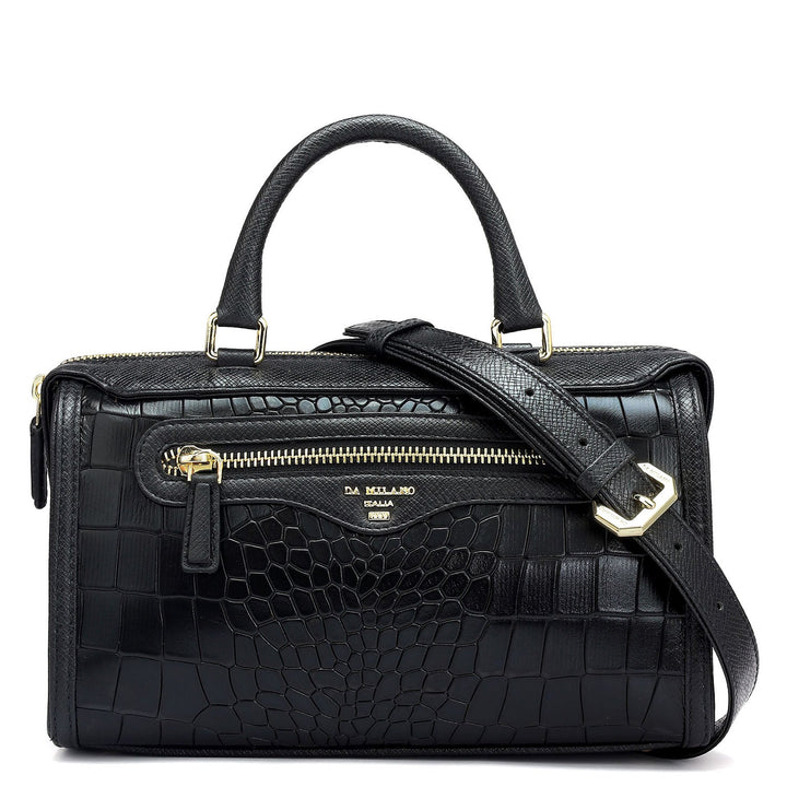 Small Croco Leather Satchel - Black