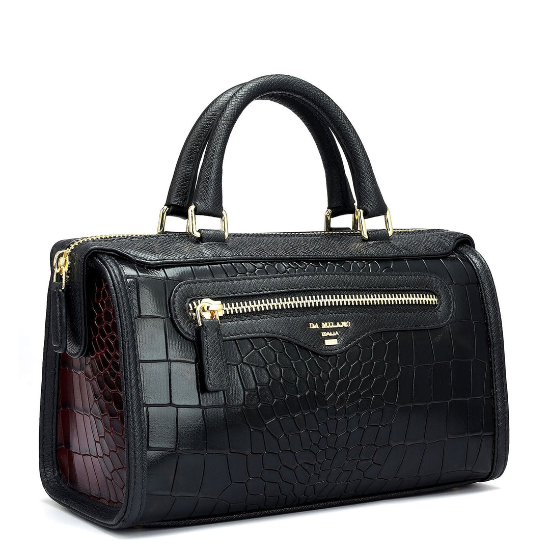 Small Croco Leather Satchel - Black