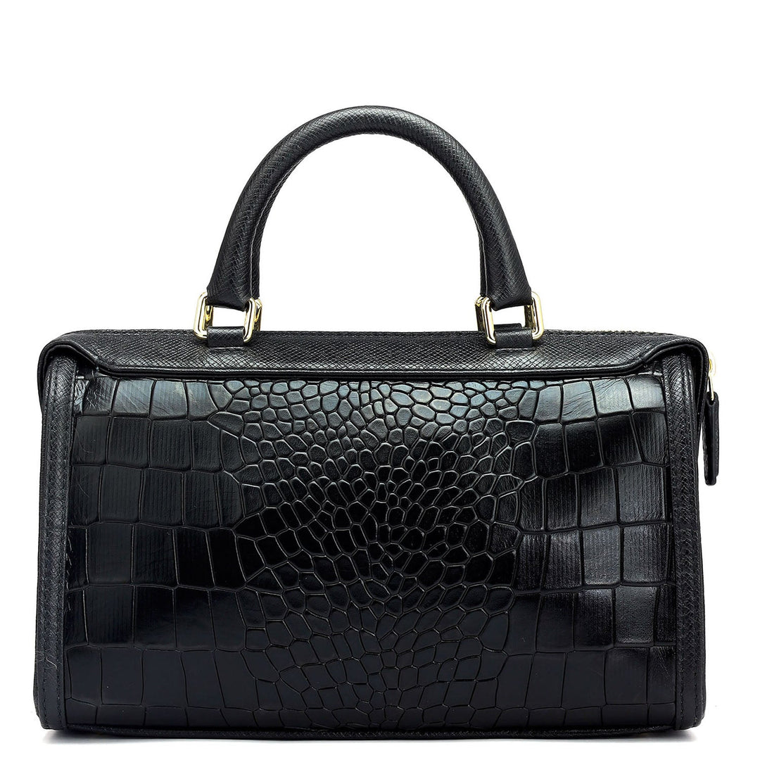 Small Croco Leather Satchel - Black