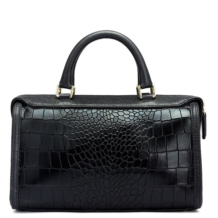 Small Croco Leather Satchel - Black