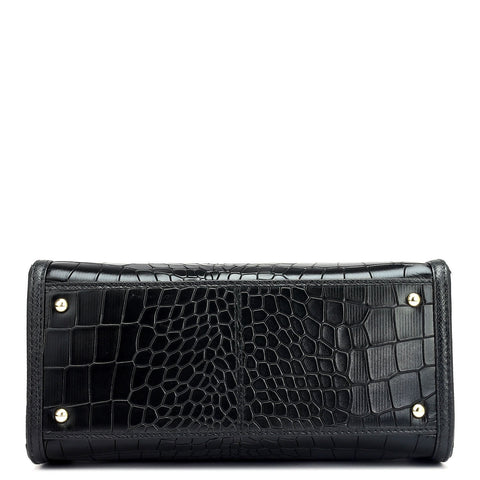 Small Croco Leather Satchel - Black