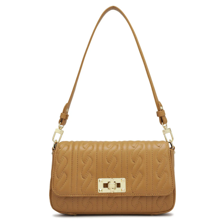 Small Quilting Plain Leather Baguette - Cognac